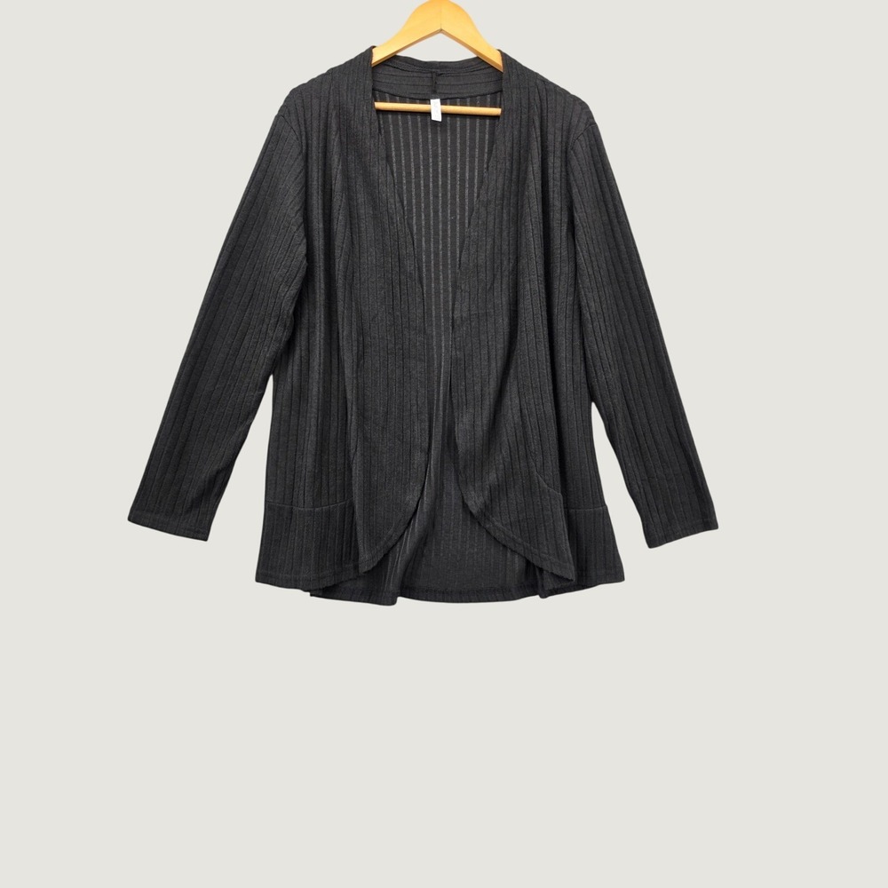 Doublju XL Charcoal Grey Ribbed Open Front Cardigan Draped Long Sleeve Sweater